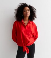 Cameo Rose Red Satin Tie Front Shirt
